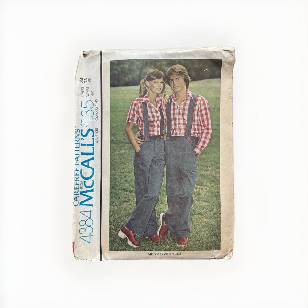 McCall's 4384 Sewing Pattern Mens Overalls 1974 70s Size Waist 28 Carefree
